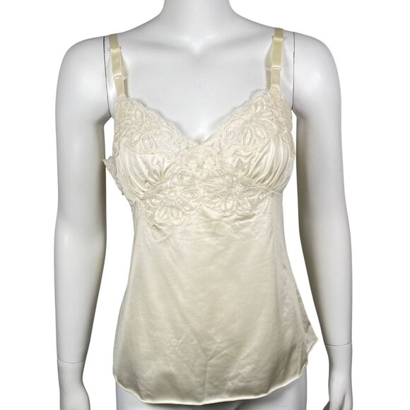 Vintage Shadowline Lace Trim Nylon Camisole Size 34 Ivory V Neck Made In USA - Picture 1 of 6